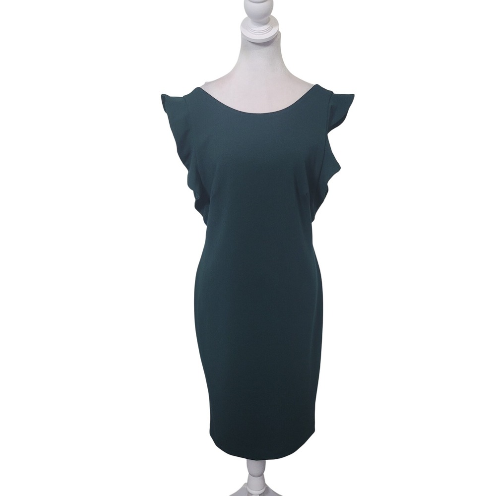 Calvin‎ Klein Size 8 Sheath Dress Forest Green Ruffle Cap Sleeve Scoop Neck